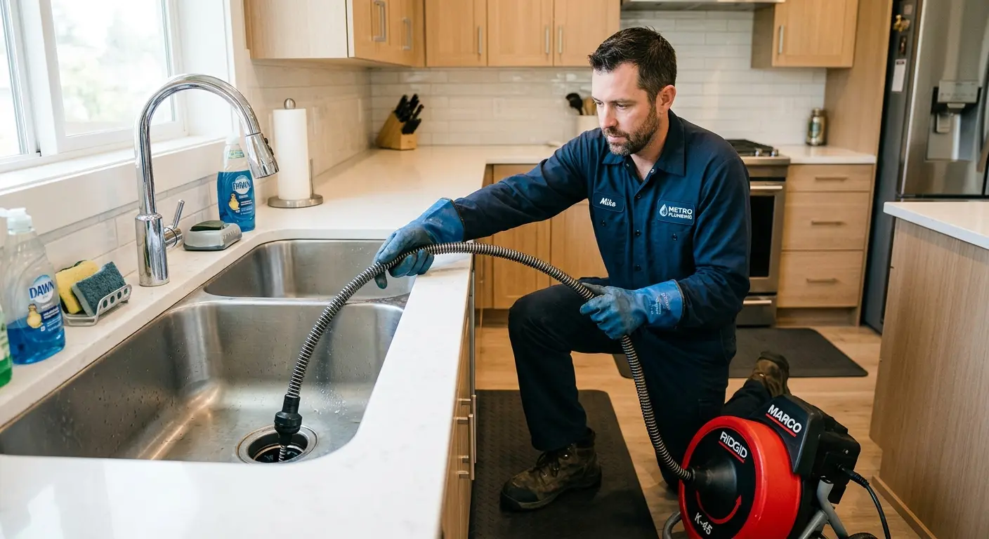 Drain cleaning technician using a motorized snake on a kitchen sink in Brick