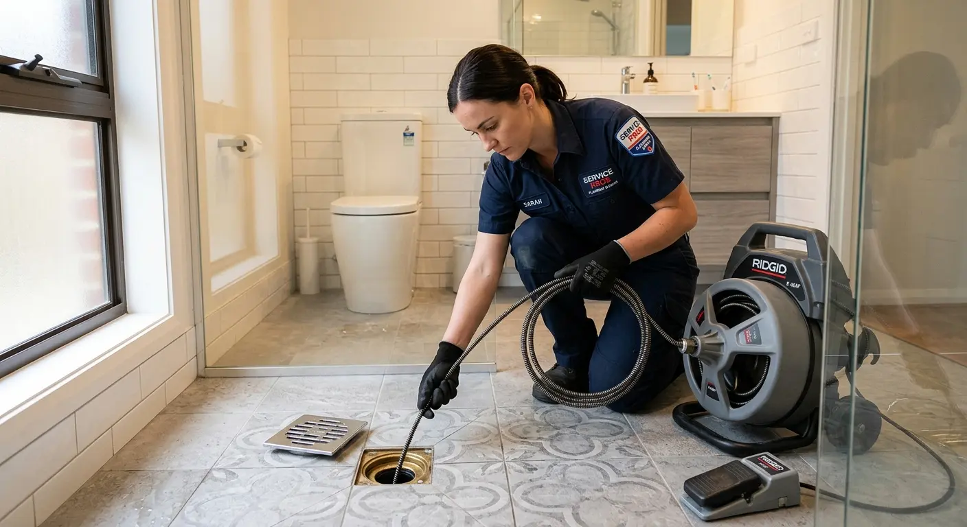 Technician clearing a bathroom floor drain for Hydro Jetting in Brick